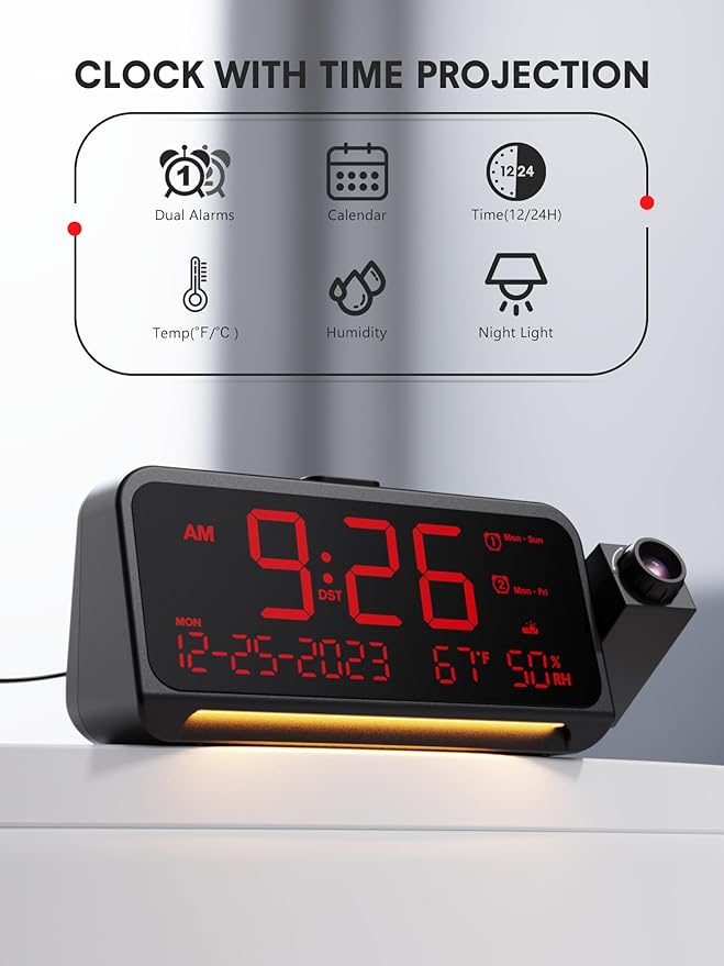 Projection Alarm Clock for Bedroom Ceiling, Digital Clock Projector with Weekday/Weekend Mode, Date, Temperature, Humidity, Type-C USB Charger, Night Light, Dual Alarms, DST, Dimmer,12/24H - Image 2