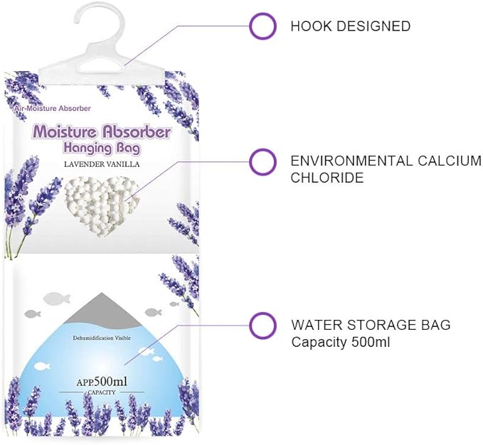 CANAGER Hanging Moisture Absorber, Lavender Vanilla Moistureproof Hanging Bag，Dehumidifier Bag (8 packs) Hanging Closet Dehumidifier Bags, Moisture Absorb 12.5 oz - Image 3