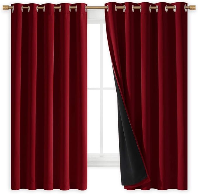 NICETOWN 100% Blackout Curtains with Black Liners, Burgundy Red, 2 Panels, 62-inch W by 63-inch L, Thermal Insulated Full Blackout 2-Layer Lined Drapes, Energy Efficiency Window Draperies for Bedroom - Image 2