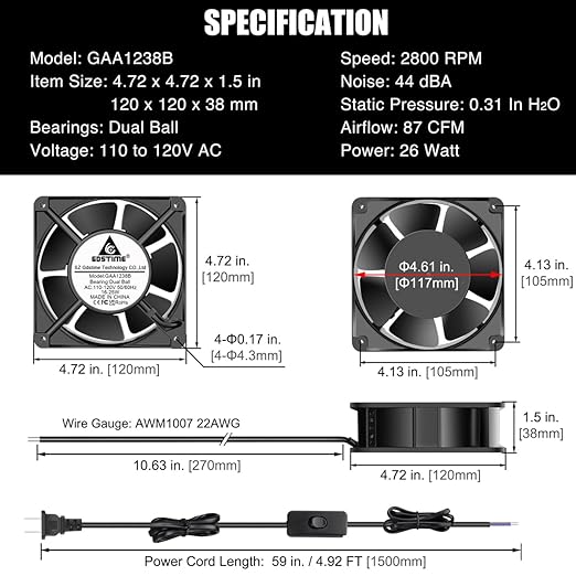 GDSTIME AXIAL Fan 12038, 110V 120V AC 120mm Fan, Ventilation Exhaust Projects Cooling Fan - Image 6