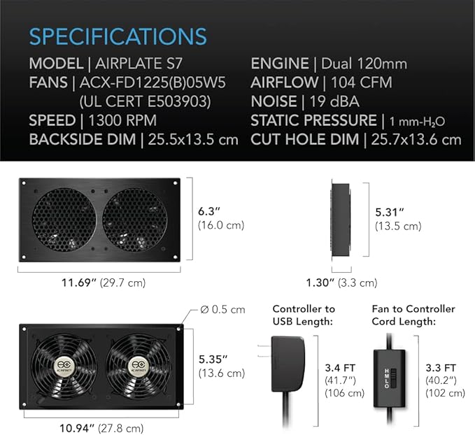 AC Infinity AIRPLATE S7, Quiet Cooling Fan System 12" with Speed Control, for Home Theater AV Cabinets (Pack of 2) - Image 6