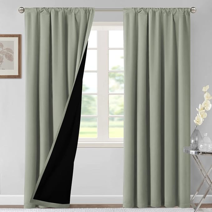 H.VERSAILTEX 100% Blackout Curtains for Bedroom Thermal Insulated Blackout Curtains 108 Inches Long Rod Pocket/Clip Rings Curtains for Living Room with Black Liner 2 Panels, Light Sage - Image 2