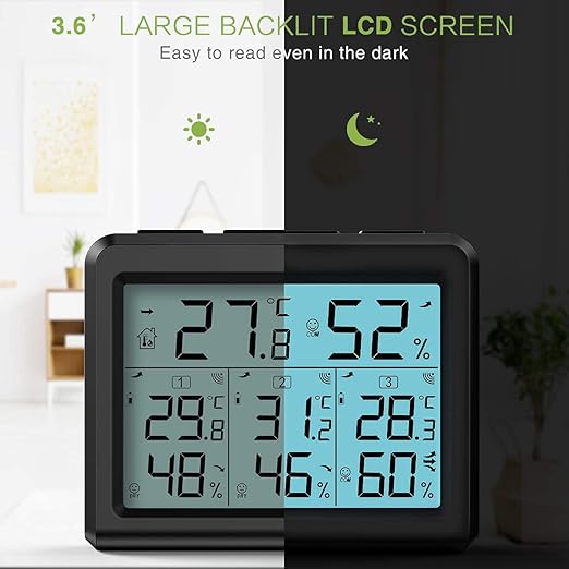 KeeKit Indoor Outdoor Thermometer, Temperature Humidity Monitor with 3 Wireless Sensors, Hygrometer Meter Gauge with LCD Backlight, Min/Max Record for Home, Office, Restaurants, Bars – Black - Image 3