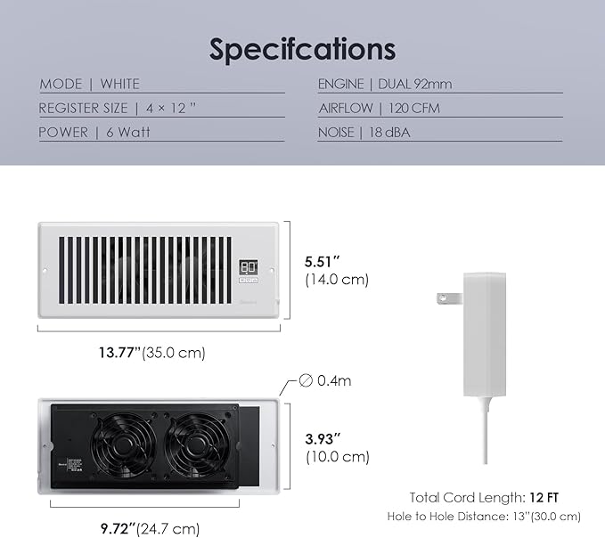 Quiet Register Booster Fan Fits 4" x 12" Register Holes, 10-Speed Smart Heating Cooling AC Vent Fan with Remote Control and Thermostat Control - White - Image 6
