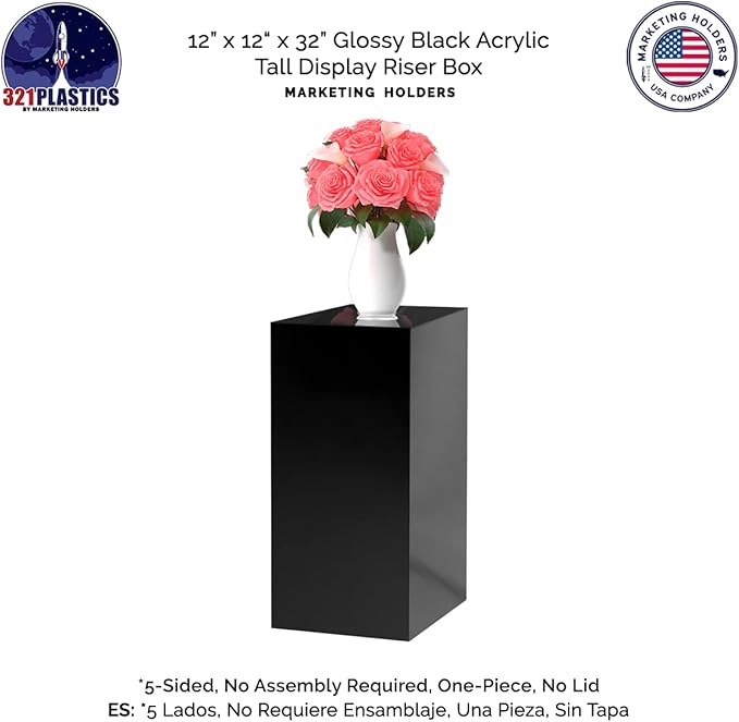 One Piece Acrylic Pedestal Art Stand Glossy Black Display No Lid 12" x 12" x 32" High No Assembly Column Lifter Elegant Display Weddings Celebrations Cube Riser Showcase by Marketing Holders - Image 4