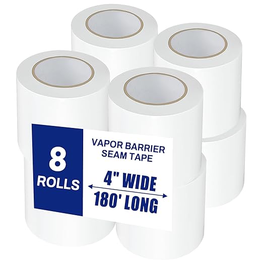 8 Roll, White Vapor Barrier Tape, 4" Wide x 180' Long, PE 9 mm Polyethylene Tape, for Stucco Waterproof Moisture Barriers Seal and Seam, for Crawlspaces, Insulation Repairs & Plastic Liners by Unknown