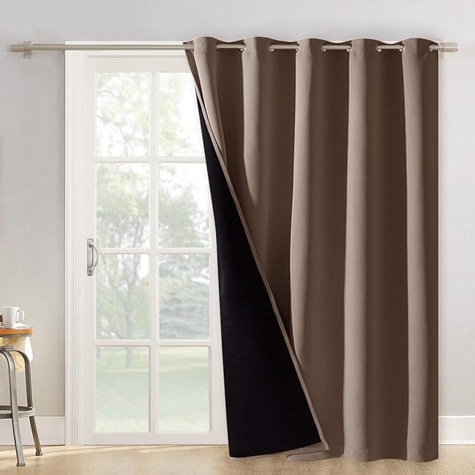 NICETOWN Thermal Insulated 100% Blackout Curtain, Noise Reducing Performance Grommet Slider Curtain Panel with Black Lining, Full Light Blocking Patio Door Panel (1 PC, 70 x 95, Cappuccino) - Image 2