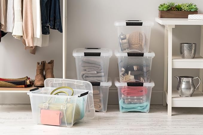 IRIS USA 19 QT Plastic Storage Box with Lid and Latches - 4 Pack - BPA-Free, See-Through Organizing Solution, Durable Nestable Stackable Containers, Secure Pull Handle - Clear - Image 4