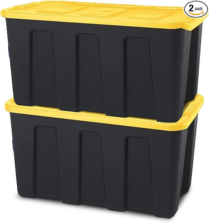 HOMZ 2-Pack Durabilt Tote, Heavy Duty Plastic Storage Bins with Lids, 34 Gallon, Black/Yellow - Stackable Organizing Containers for Home, Garage, and Office by Homz