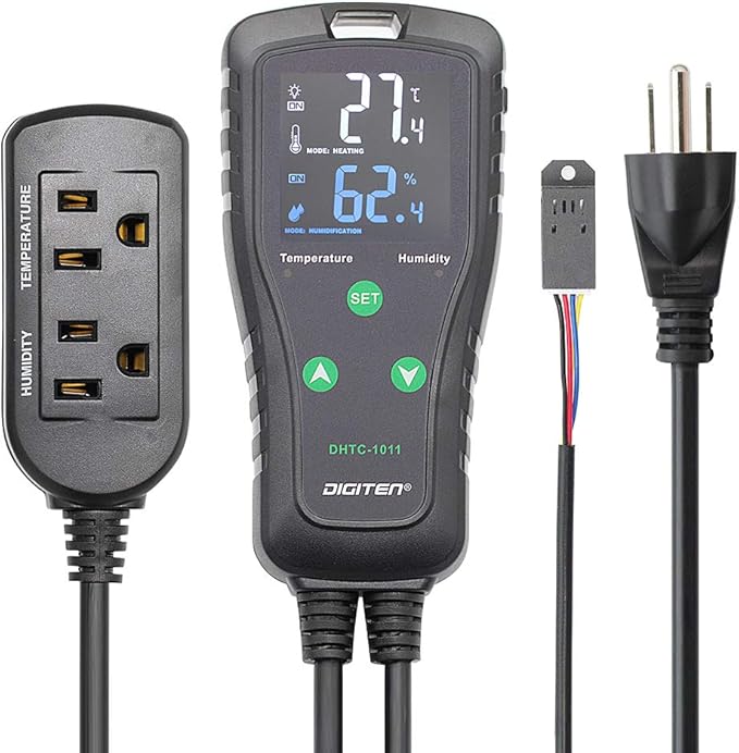 Temperature & Humidity Controller - Outlet Plug-in Thermostat & Humidistat for Reptiles & Greenhouses - Dual Stage Pre-Wired Electronic Controller by SENSTREE