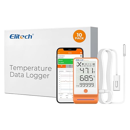 Elitech 10pack Bluetooth Thermometer Data Logger Temperature for Refrigerator with Shadow Data 100000 Points Export PDF/CSV Report, Pharmacy Vaccine DDL Calibration Certificate, MAX MIN AVR MKT GSP-6G by Elitech