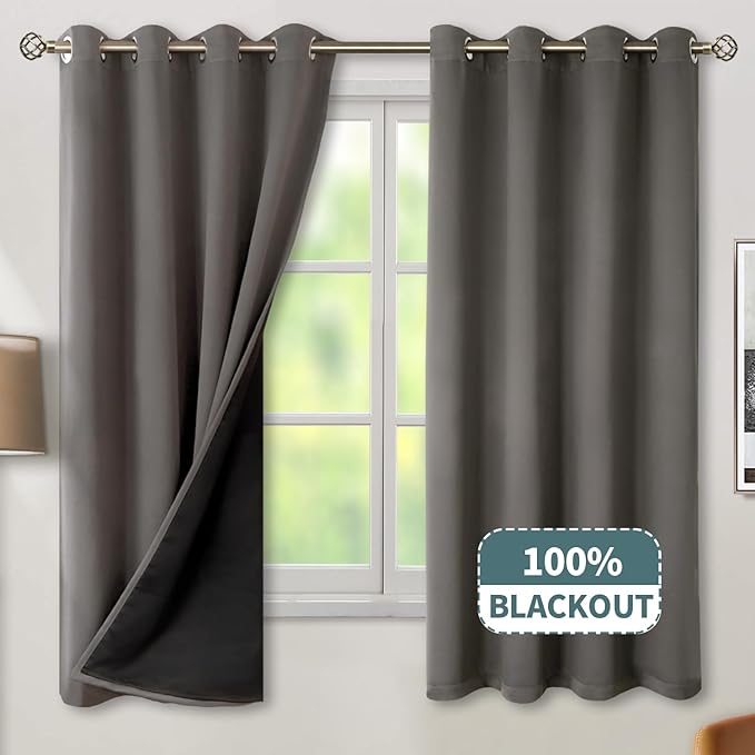 BGment Thermal Insulated 100% Blackout Curtains for Bedroom with Black Liner, Double Layer Full Room Darkening Noise Reducing Grommet Curtain (52 x 63 Inch, Grey, 2 Panels) - Image 8