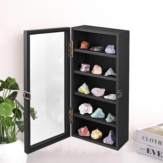 Wall Mounted Wooden Collectible Display Case 5 Shelf Display Storage Accessories Display with Acrylic Door, Sunglass Display Cabinet, Wall Shadow Box, Shelf Thimble Display Case (Black) - Image 4