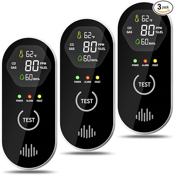 3 Packs Carbon Monoxide Detectors Plug-in, 4-in-1 CO & Gas Leak Alarm with Digital Display and 85dB Alert, Easy Install for Bedroom, RV, Camper — Portable Protection Anytime by COCHYSCELA