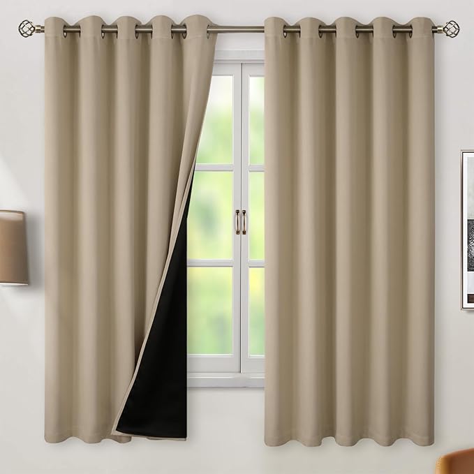 BGment Thermal Insulated 100% Blackout Curtains for Bedroom with Black Liner, Double Layer Full Room Darkening Noise Reducing Grommet Curtain (60 x 63 Inch, Sand, 2 Panels) by BGment