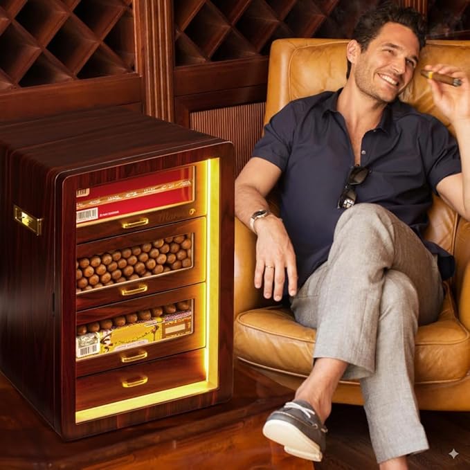 Desktop Cigar Humidor Cabinet Triple-Sided Light with Digital Hygrometer, Humidifier and Humidity Packs. 4 Ceder Wood Drawers, Cigar Humidor Box can Hold 200 Cigars. Present for Men - Image 2