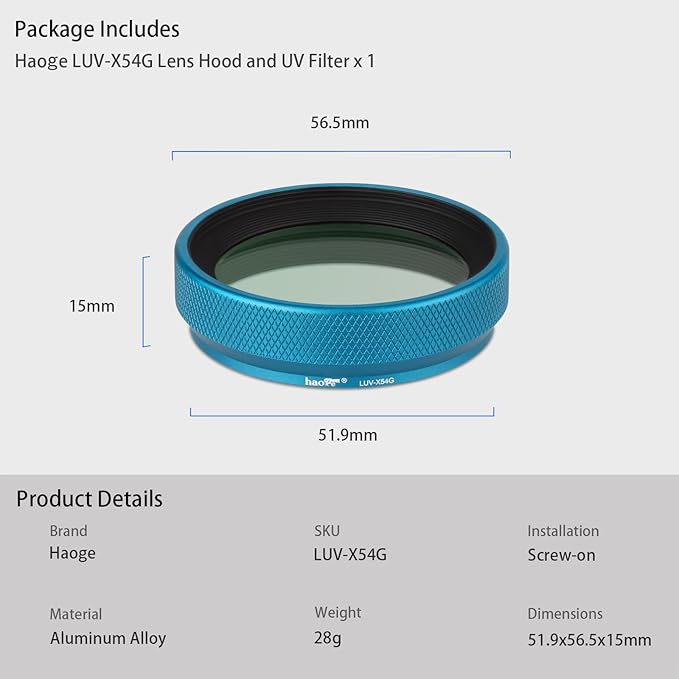 Haoge LUV-X54G Metal Lens Hood with MC UV Protection Multicoated Ultraviolet Lens Filter for Fujifilm x100vi Fuji X100V Camera Blue - Image 8