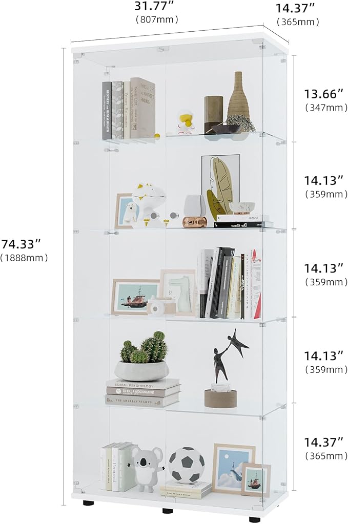 Yoluckea 5 Shelves Glass Display Cabinet with 2 Doors, Floor Standing Clear Glass Curio Cabinet Collection Display Case for Living Room Bedroom 73.82” x 31.69” x 14.37” White - Image 2