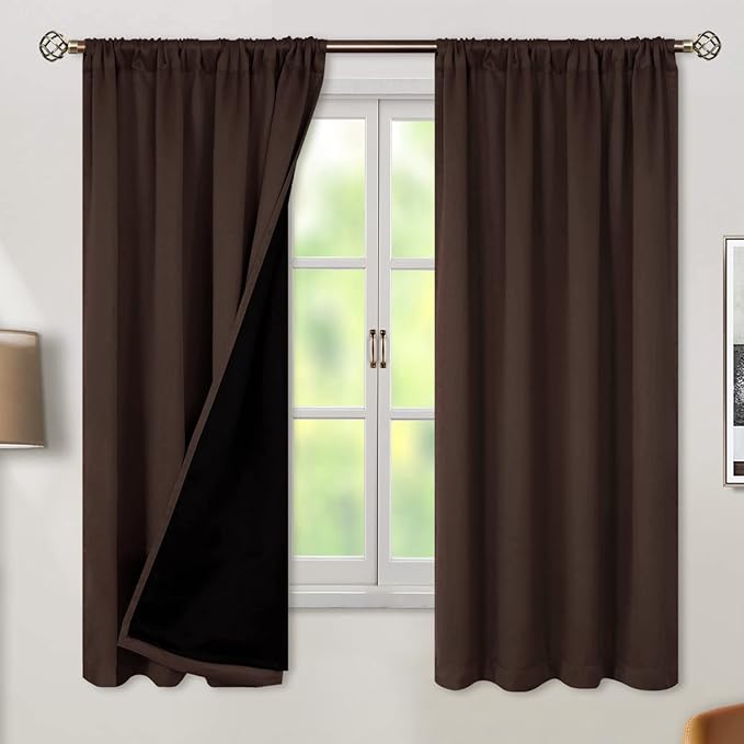 BGment Thermal Insulated 100% Blackout Curtains for Bedroom with Black Liner, Double Layer Full Room Darkening Noise Reducing Rod Pocket Curtain (42 x 63 Inch, Brown, 2 Panels) by BGment