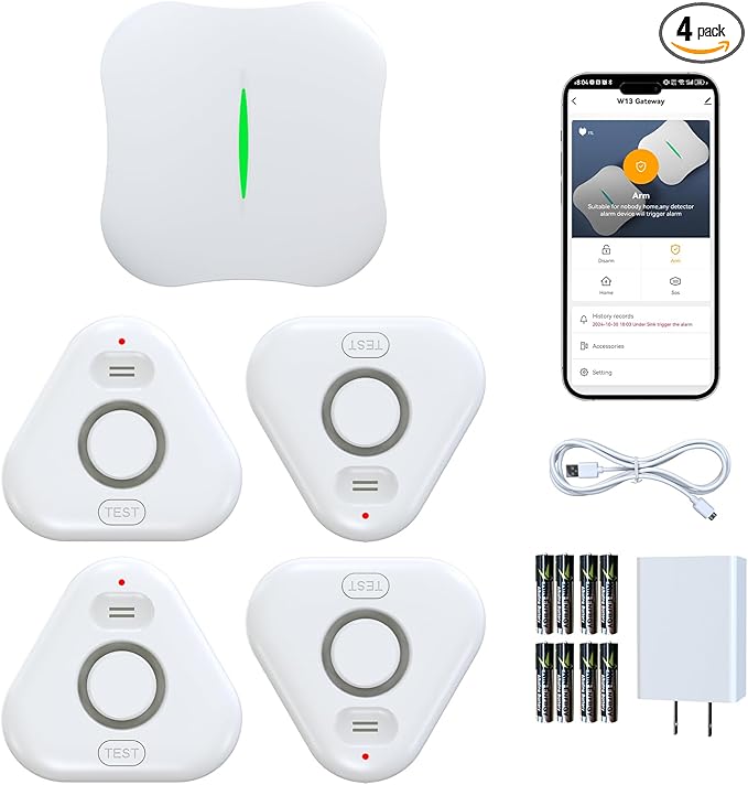Smart Water Leak Detectors for Home WiFi with App Alerts, Stechro Ajustable 120dB Water Sensor Alarm Leak Detector for Basements Sink Kitchen Laundry, 4 Water Sensors & 1 Gateway by stechro