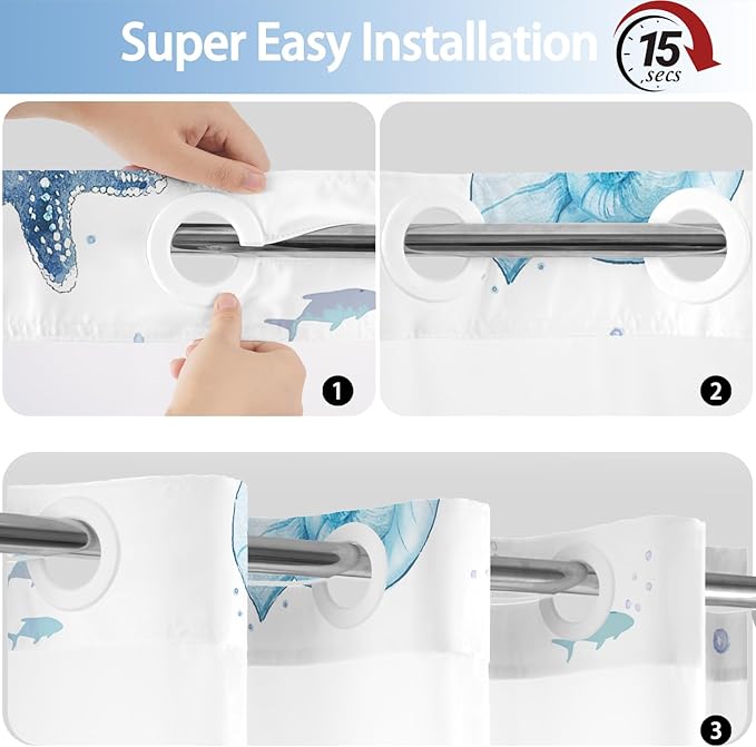 No Hook Shower Curtain with Snap in Liner, Beach Ocean Nautical Coastal Shower Curtains and Liner Set for Bathroom, Seashell Hotel Fabric Bath Curtain, Waterproof Washable, Watercolor Blue 71" x 74" - Image 6