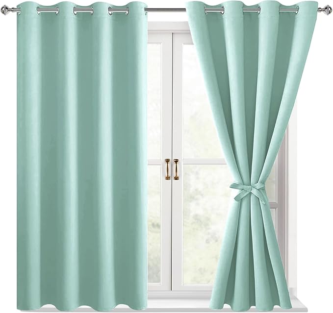Hiasan Blackout Curtains for Bedroom, 52 x 54 Inches Long - Thermal Insulated & Energy Saving Window Curtains for Living Room, 2 Drape Panels Sewn with Tiebacks, Aqua by Hiasan