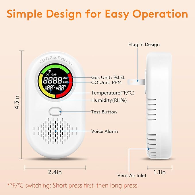 Carbon Monoxide Detectors and Natural Gas Leak Detector, 4-in-1 Carbon Monoxide Detectors Plug in, Portable CO Detector with Dual Alarm Temp and Humidity for Home Travel RV - Image 7