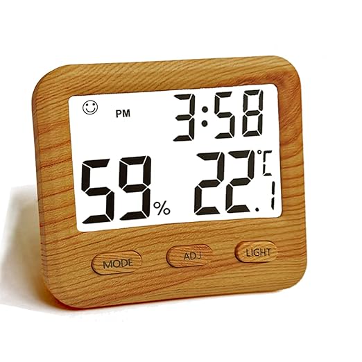 Digital Hygrometer Indoor Thermometer, Temperature Humidity Gauge with Desk Clocks for Bedroom Office,Backlit Accurate Monitor Clear Reading,Time Display Room Thermometer for Home Greenhouse Wooden by natome