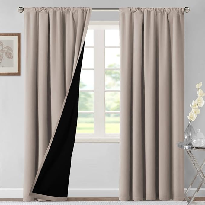 H.VERSAILTEX 100% Blackout Curtains for Bedroom Thermal Insulated Blackout Curtains 96 Inches Long Rod Pocket/Clip Rings Curtains for Living Room with Black Liner 2 Panels, Natural Sand - Image 2