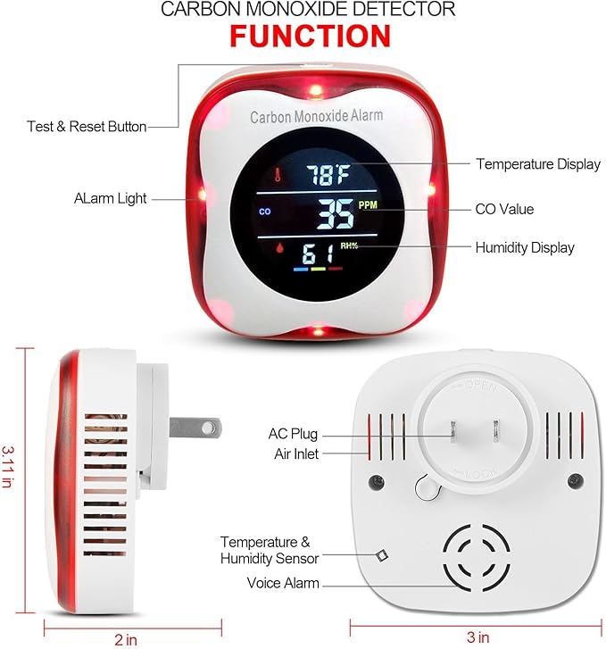 Plug-in Carbon Monoxide Detector with Real-time CO Display and Temperature and Humidity Monitor, Suitable for Home, RV, Apartment, Indoor air Safety Plug-in CO Compact Alarm - Image 2