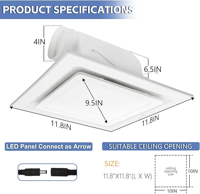 Bathroom Exhaust Fan with Light,Bathroom Fan with 6000K Square LED Combo,110V 141 CFM,0.7 Sones Low Noise Ventilation Fan for Home/Bath/Office/Hotel - Image 3