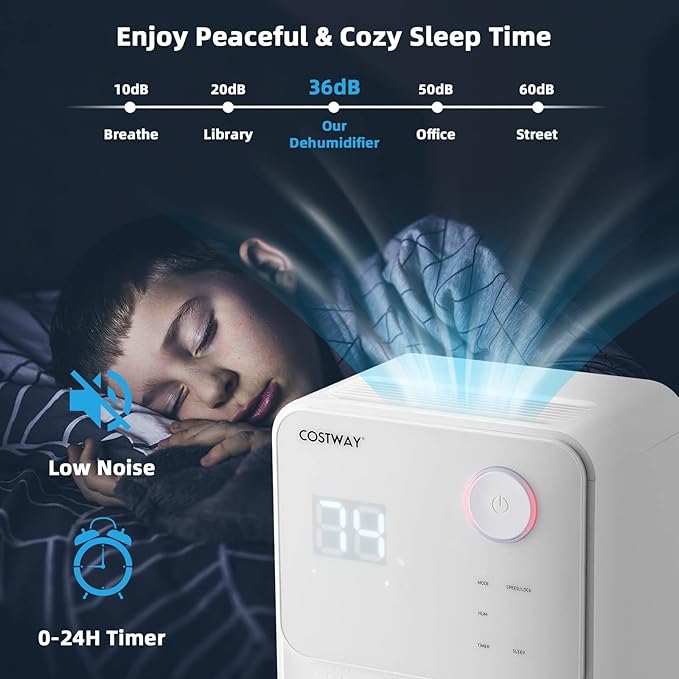 COSTWAY 2000 Sq. Ft Dehumidifier for Large Room & Basement, 32 Pint Dehumidifier with Drain Hose, 4 Modes, 2 Speeds, 24H Timer, Auto Defrost, 3-Color Digital Display - Image 8