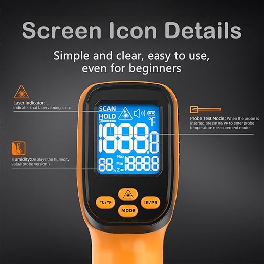 Infrared Thermometer Gun for Cooking, Non Contact Thermometers Laser Temperature Guns with K-Type Probe, 12:1 Dual-Mode Temp Gun (-58°F to 1472°F), Pizza Oven, BBQ, Home Repairs, HVAC - Image 5