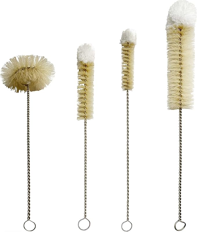 Coralpearl Bottle Brushes Thin Long Handle X 4, Skinny Wire Cleaner Set in Stainless Steel with Natural Boar Bristle at Wool Tip, Bendable Flexible for Cleaning Narrow Neck Bottles, Pipe, Tube, Hose by Coralpearl