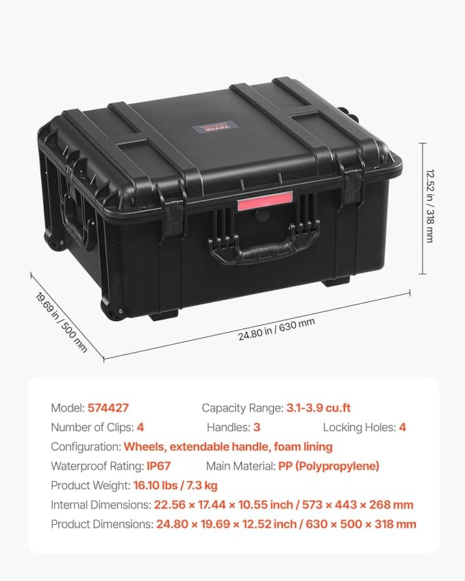 VEVOR Weatherproof Hard Case, Heavy Duty Protective Dry Box Case with Pre-Cut Foam, Wheel Retractable Pull Handles for Travel, Hunt, Military, Tactical, IP67 Waterproof Case for Camera(24.8*19.7*12.5) - Image 7