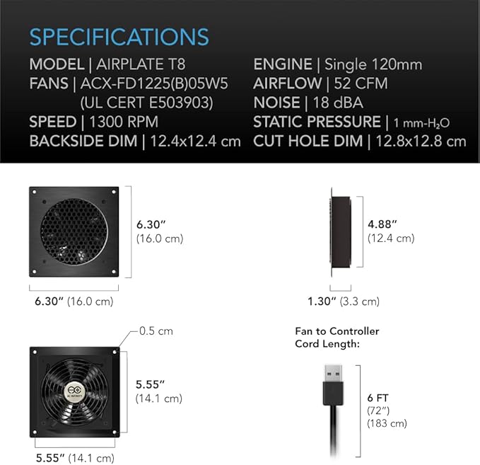 AC Infinity AIRPLATE T8, Quiet Cooling Dual-Fan System 6" with Thermostat Control, for Home Theater AV Cabinets - Image 6