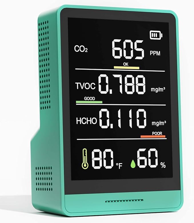 5-in-1 Professional Indoor Air Quality Monitor Indoor Portable CO2 Monitor | Temperature | Formaldehyde Detector | Humidity TVOC | Air Quality Tester - Confined Space Clean Air Monitor (Grass Green) by PinoTec