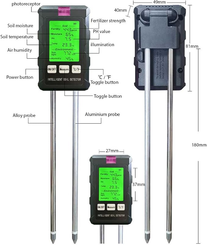 Soil Moisture Meter 6-in-1 Soil Ph Meter Moisture/Fertility/pH/Temperature/Humidity/Light 90-Degree Rotatable Backlight LCD display Soil Tester Gardening Tool for Lawn Farm Garden Indoor Outdoor Use - Image 7
