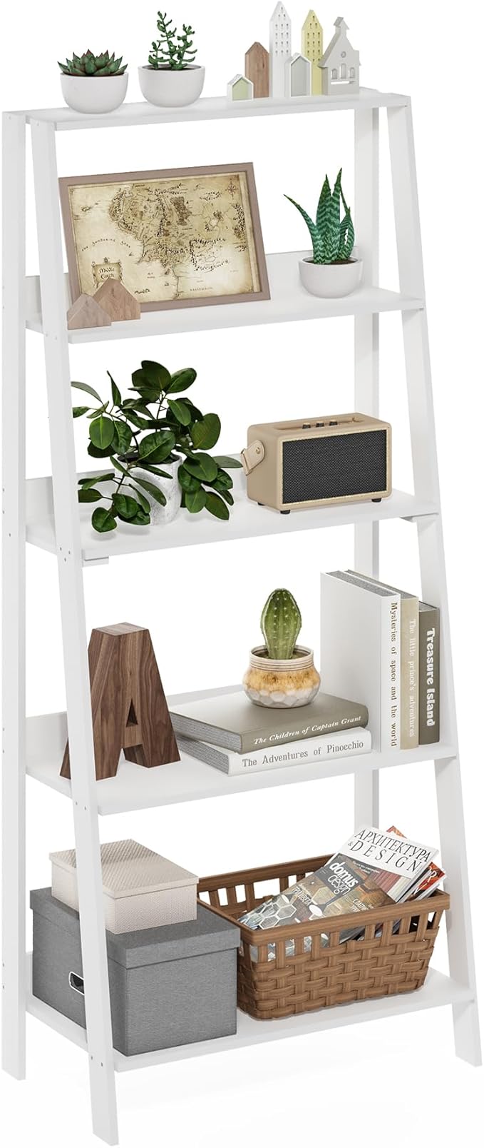 Furinno Ladder Book Shelf, 5-Tier Ladder Shelf, Bookshelf, Display Storage Shelves, 13 x 23.6 x 53.5, for Living Room, Home Office, Plain White by Furinno-FitsYourSpaceFitsYourBudget