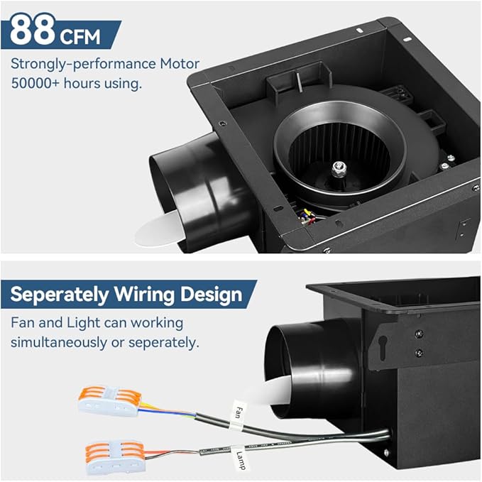 Bathroom Exhaust Fan with Light 88CFM 1.0 Sone, Quiet 28W Bath Shower Fan 3CCT Color LED Light Adjustable 8 x 8 inch Extractor Vent for Bathroom White - Image 5