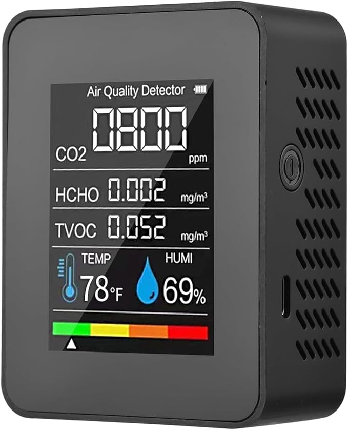 Prefessionall Indoor Air Quality Monitor, 5 in 1 Portable Smartair Quality Tester for CO2 | TVOC | HCHO | Temp | Hum for Home Cars Plants and Pets So On (Black) by Unknown