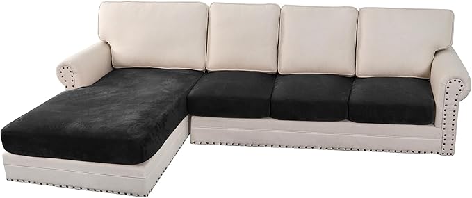 H.VERSAILTEX Velvet Stretch Sectional Couch Covers 4 Pieces Sofa Seat Cushion Covers L Shape Separate Cushion Couch Chaise Cover for Both Left/Right Couch (Large Sofa 3 Seater + 1 Chaise, Black) by HVERSAILTEX