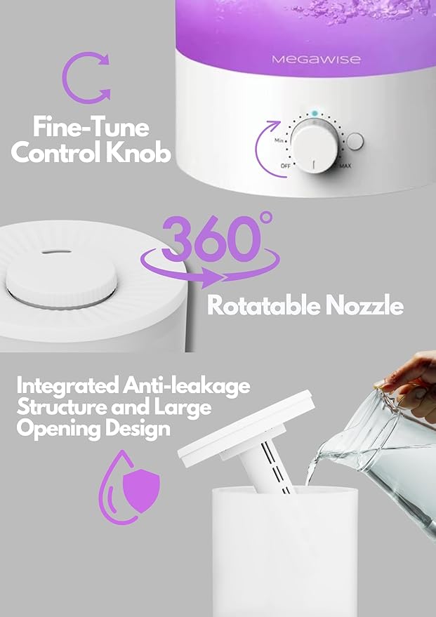 MEGAWISE Cool Mist Humidifiers for Bedroom, BabyRoom, Office and Plants, 0.5 Gal Essential Oil Diffuser with Adjustable Mist Output, 25dB Quiet Ultrasonic Humidifiers, Up to 10H, Easy to Clean - Image 3