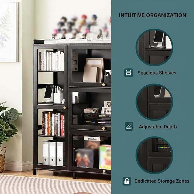 Display Cabinet with Acrylic Doors, 7 Storage Spaces Storage Cabinet & Curio Cabinet with Clear Acrylic Doors, Modern Black Bamboo & Composite Wood for Collectibles, Kitchen, Living Room - Image 4