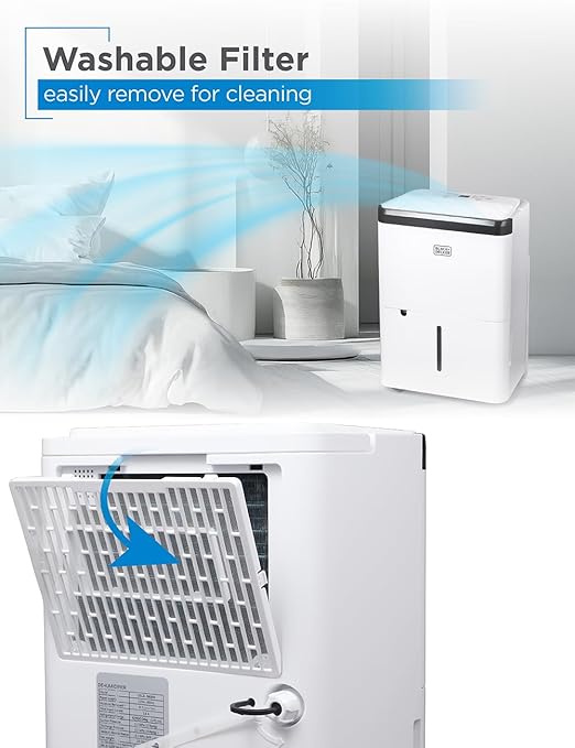BLACK+DECKER 1000 Sq. Ft. Dehumidifier for Home, Bedroom and Basement, Up To 9 Pints Per Day, ENERGY STAR Certified, 3.3-Pint Bucket, LED Display, Auto Defrost & Restart, BDT08TW, White - Image 7