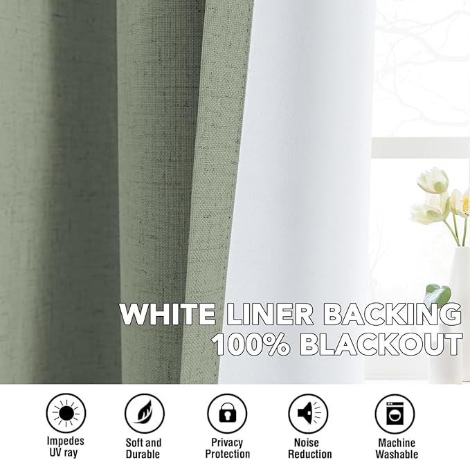 H.VERSAILTEX Linen Curtains 100% Blackout Curtains for Bedroom 108 inch Long Full Light Blocking Nature Linen Blended Window Curtains for Living Room Nickel Grommet (2 Panels, Heathered Dried Sage) - Image 6