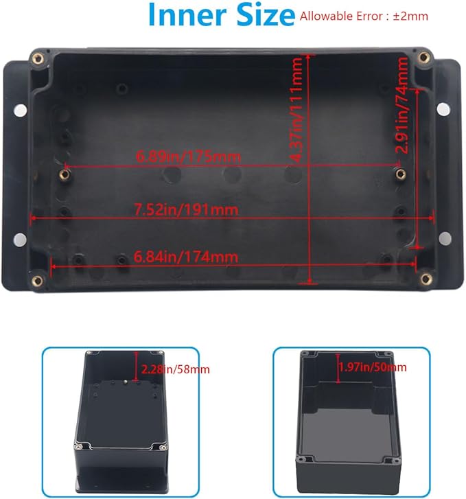 Outdoor Waterproof Junction Box IP67 Project Box ABS Black Electrical Boxes Electronic Enclsoure with Mounting Ear for DIY Project 7.9 x 4.7 x 3 inch (200x120x75mm) - Image 5