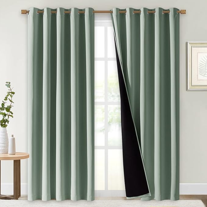 NICETOWN 100% Blackout Window Curtain Panels, Cold and Full Light Blocking Drapes with Black Liner for Nursery, 84" Drop Thermal Insulated Draperies (Greyish Green, 2 Pieces, 70" Wide Each Panel) by NICETOWN