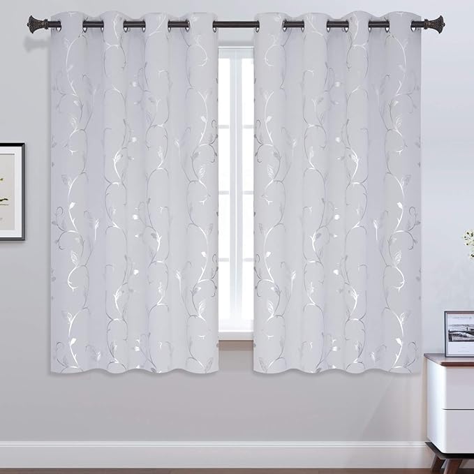 BUHUA Blackout Curtains 63 Inch Length 2 Panels Thermal Insulated Window Treatment for Bedroom Grommet Room Darkening Curtains with Wave Vine Printed (52 x 63 Inch, Greyish White) - Image 2