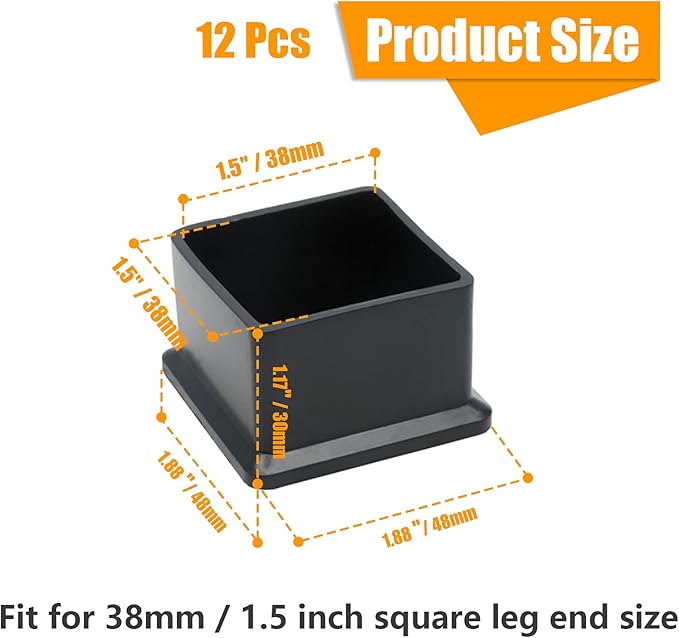 12PCS Square Chair Leg Caps 1-1/2" x 1-1/2" Square Black Furniture Foot Table Chair Leg End Cap, Anti-Slip Chair Leg Floor Protectors, Black - Image 2